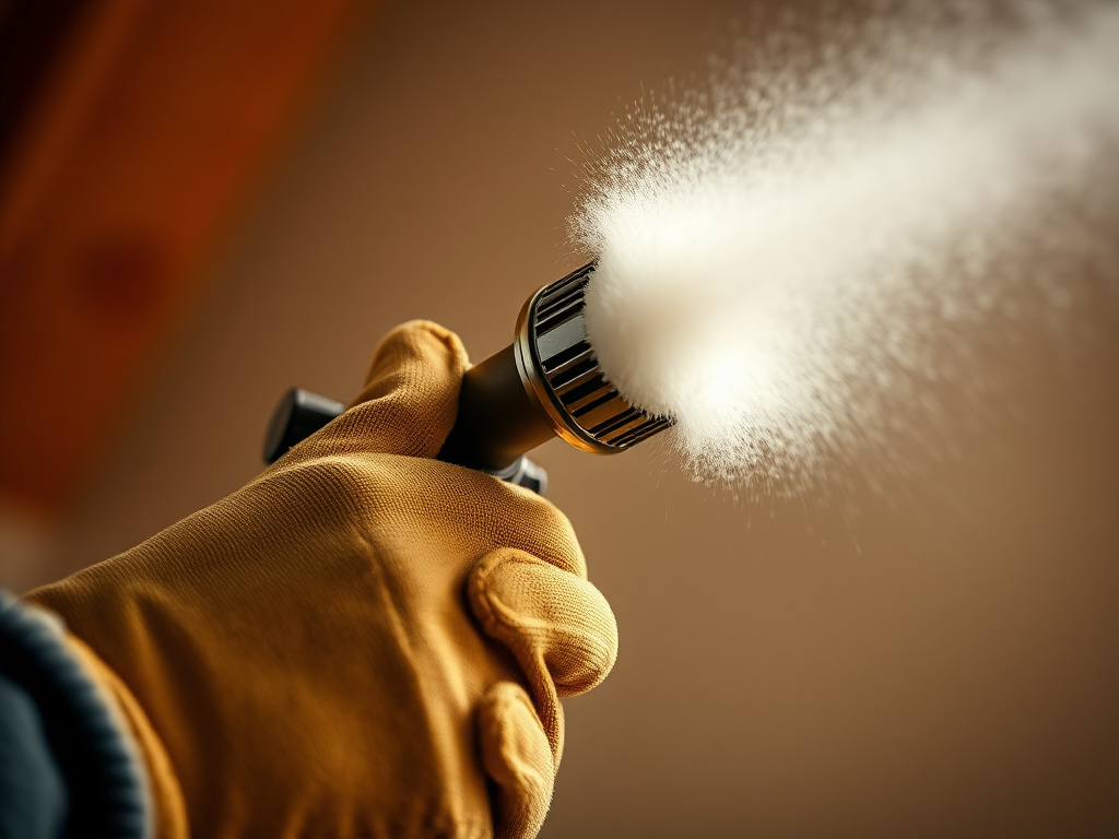 Close-up of a spray foam insulation gun applying cured foam texture