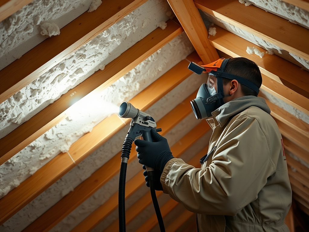 Technician spraying foam insulation onto an attic roof deck
